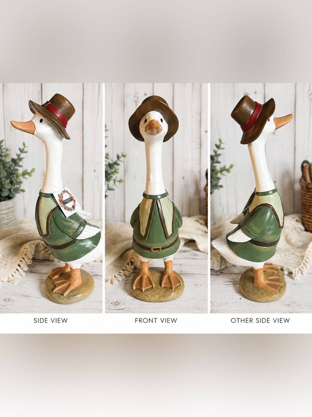NWT Country Goose Figurine 16” Tall Green Outfit Brown Hat Farmhouse Décor